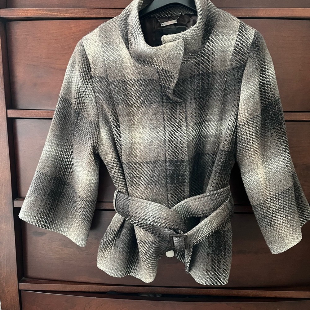 Darling wool blend plaid jacket, belted, 3/4 length sleeves,